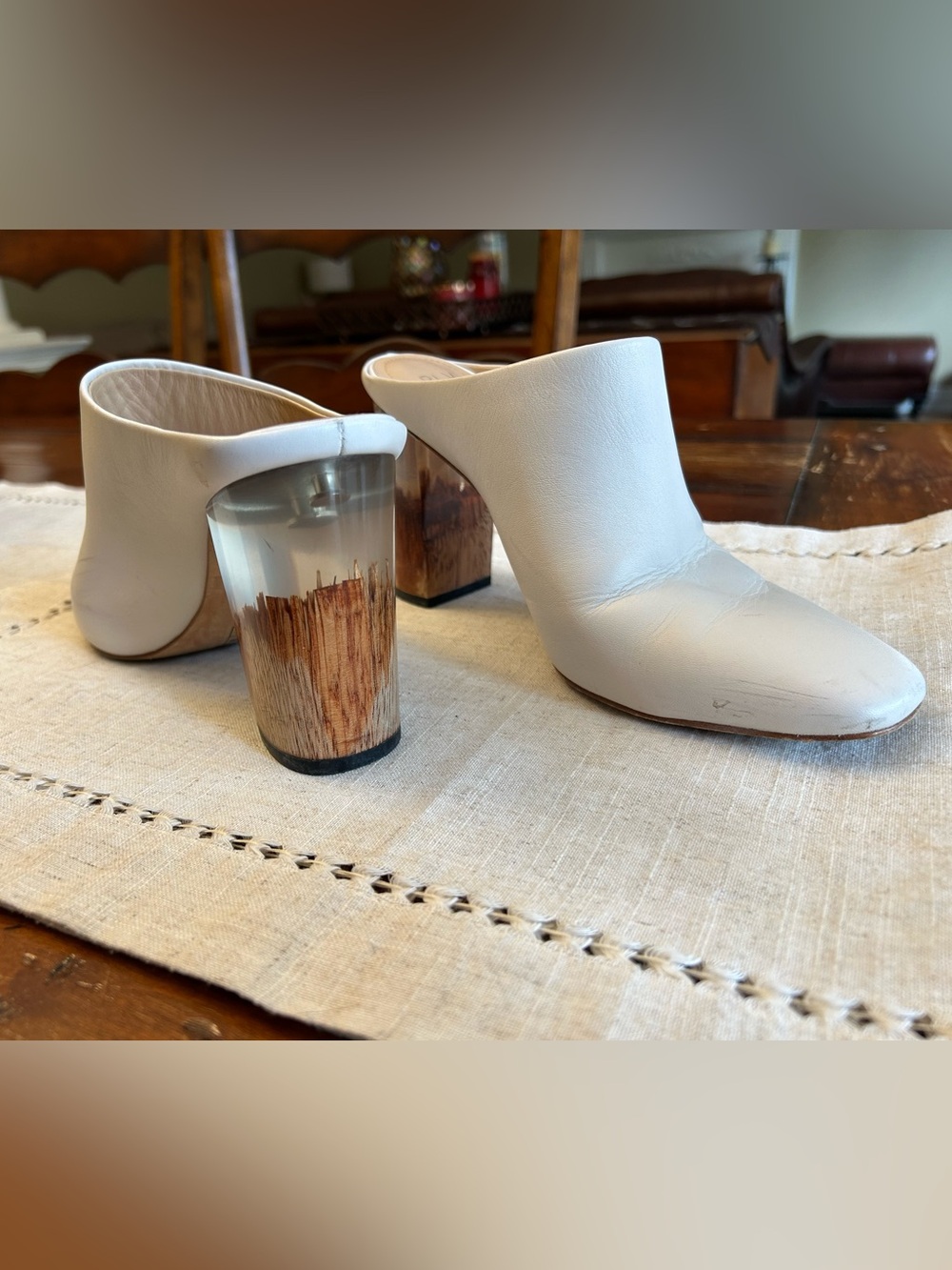 Leather White Mule Heels with Acrylic Block Heel Design - Picture 3 of 7
